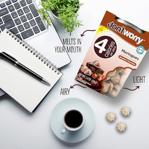 Don't Worry Low Calorie Meringue Cookies - 4 Pack - Hazelnut & Chocolate | Chocolate Filled Center | Only 4 Calories per Piece, Low Sugar, Gluten Free, Keto Friendly and Healthy Snacks for Adults