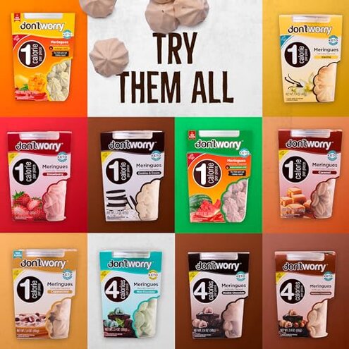 Don't Worry Low Calorie Meringue Cookies - 4 Pack - Hazelnut & Chocolate | Chocolate Filled Center | Only 4 Calories per Piece, Low Sugar, Gluten Free, Keto Friendly and Healthy Snacks for Adults