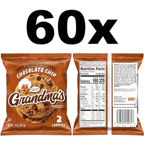 Grandma's Cookies, Chocolate Chip, 2.5 Ounce (Pack of 60)