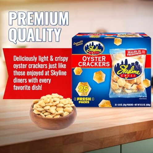 Skyline Chili Bundle Pack - 8 Cans of 15 oz Skyline Original Canned Chili with 1 Bag of 8 oz Skyline Oyster Crackers, Authentic Cincinnati Chili & Classic Cracker Pairing for Hearty Meals & Snacks