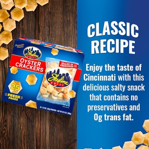 Skyline Chili Bundle Pack - 8 Cans of 15 oz Skyline Original Canned Chili with 1 Bag of 8 oz Skyline Oyster Crackers, Authentic Cincinnati Chili & Classic Cracker Pairing for Hearty Meals & Snacks