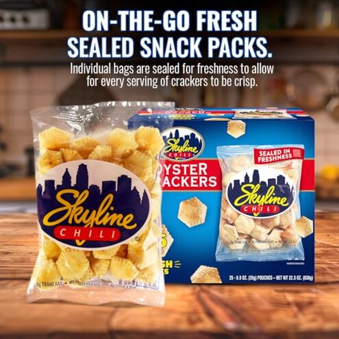 Skyline Chili Bundle Pack - 8 Cans of 15 oz Skyline Original Canned Chili with 1 Bag of 8 oz Skyline Oyster Crackers, Authentic Cincinnati Chili & Classic Cracker Pairing for Hearty Meals & Snacks