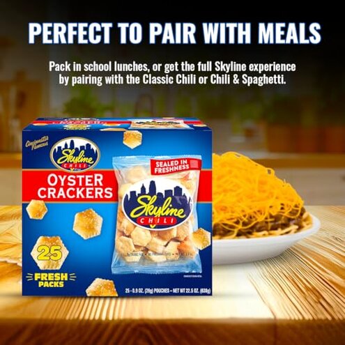 Skyline Chili Bundle Pack - 8 Cans of 15 oz Skyline Original Canned Chili with 1 Bag of 8 oz Skyline Oyster Crackers, Authentic Cincinnati Chili & Classic Cracker Pairing for Hearty Meals & Snacks