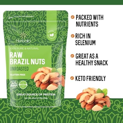 Herbaila Brazil Nuts Raw, 2lb. Brazilian Nuts, Raw Brazil Nuts Unsalted, Shelled Brazil Nuts Whole, Fresh Brazil Nuts Brazilian, All Natural, Non-GMO, Vegan. Whole and Shelled, 32 oz.