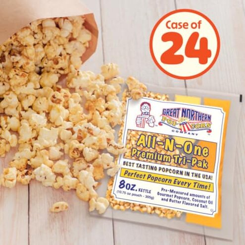 8oz Popcorn Machine Popcorn Packets - All-in-One Movie Theater Style Popcorn Kernels, Salt, and Oil Packs by Great Northern Popcorn (24 Case)
