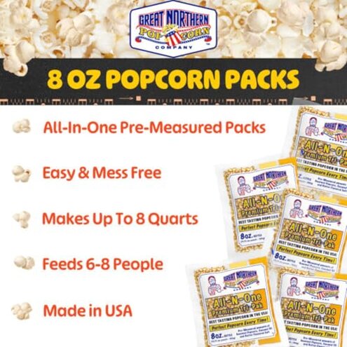 8oz Popcorn Machine Popcorn Packets - All-in-One Movie Theater Style Popcorn Kernels, Salt, and Oil Packs by Great Northern Popcorn (24 Case)