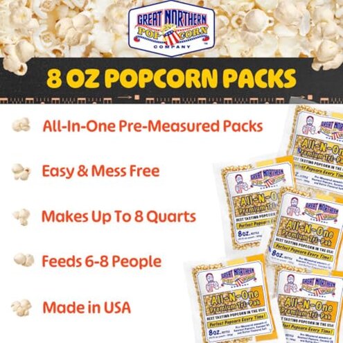 Movie Theater Style 40-Count Popcorn Packs - Pre-Measured 8-Ounce All-in-One Kernel, Salt, Oil Packets for Popping Machines by Great Northern Popcorn