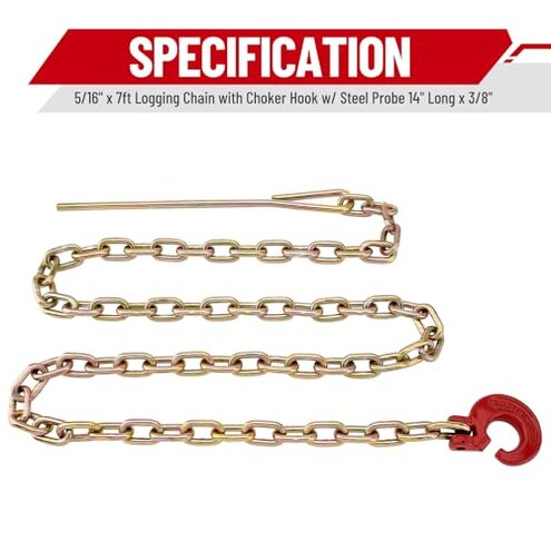 SPARKWHIZ Winch Choker Chain 5/16" x 7ft with Choker Hook w/Steel Probe Stake 14" for Removal of Logs, Load Limit 2 Ton