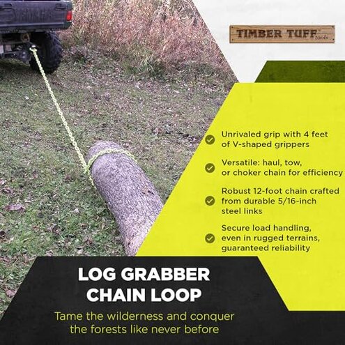 Timber Tuff TMW-20 12-Foot Log Grabber Chain Loop Slides Over 2 Inch Ball for Towing with 5/16 Inch Links and 4 Foot Unique V Shaped Grippers, Green