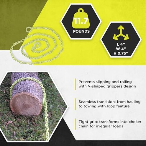 Timber Tuff TMW-20 12-Foot Log Grabber Chain Loop Slides Over 2 Inch Ball for Towing with 5/16 Inch Links and 4 Foot Unique V Shaped Grippers, Green