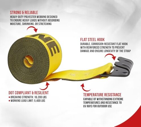 Mytee Products Kinedyne Winch Straps 4" x 30' Gold Heavy Duty Tie Down w/Flat Hooks WLL# 5400 lbs | 4 Inch Cargo Control for Flatbed Truck Utility Trailer (10 Pack)