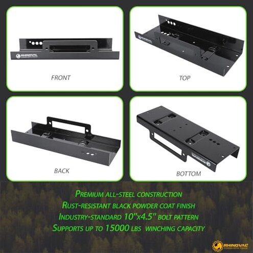 RHINOVAL Universal Winch Mounting Plate, 10" x 4.5" Raised Bolt Pattern, 15,000 lbs, Heavy Duty Steel with Fairlead Flange & Hardware for Truck, SUV, Trailer
