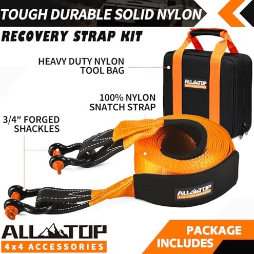 ALL-TOP Heavy Duty Tow Strap Recovery Kit: 3 inch x 20ft (35,000lbs) 100% Nylon and 22% Elongation Snatch Strap + 3/4 Heavy Duty D Ring Shackles (2pcs) + Storage Bag