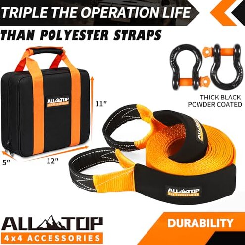 ALL-TOP Heavy Duty Tow Strap Recovery Kit: 3 inch x 20ft (35,000lbs) 100% Nylon and 22% Elongation Snatch Strap + 3/4 Heavy Duty D Ring Shackles (2pcs) + Storage Bag