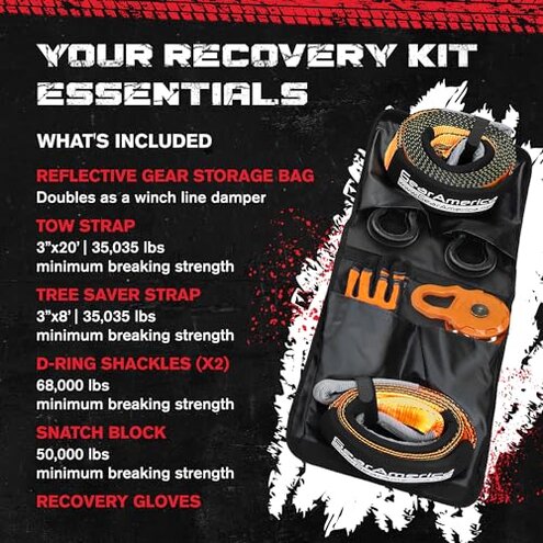 GearAmerica Off Road Recovery Kit, 25 Ton, Includes Tow Strap, Tree Saver, Mega Snatch Block Pulley, D-Ring Shackles, Winch Line Dampener Bag, Gloves - Off Road Recovery Gear, 4x4, Black