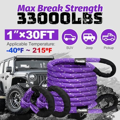 Kinetic Energy Recovery Rope 1" x 30ft,with Soft Shackle and Glove,Linetic Light Reflecting Tow Rope for 4WD Pick Up Truck, SUV, ATV, UTV