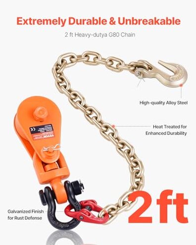 FITHOIST 2 Ton Snatch Block with G80 Chain | 3'' Sheave for 3/8" Inch Wire Rope | Pulley Block with Shackle for Heavy Duty Towing and Recovery Equipment | Tow Truck Rollback Wrecker Car Hauler Winch