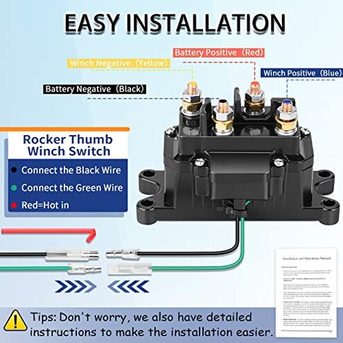ovsor 12V 250A Winch Solenoid Relay Contactor Truck for ATV UTV 2000-5000lbs with & Contactor Winch Rocker Thumb Switch Kit and 6 Protecting Caps, for 63070, 62135, 74900, 2875714, 70715