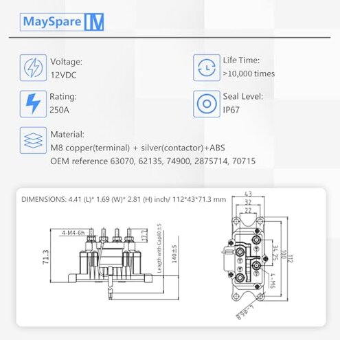 MaySpare 250A 12V Winch Solenoid Relay Contactor Winch Rocker Thumb Switch with Mounting Brackets Terminal Caps and Handle Bar Control Switch for ATV UTV 1500lb-5000lb