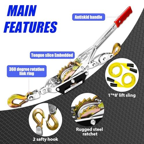 FITHOIST Come Along Winch Ratchet Tool 2 Ton Pulling Capacity 2 Hooks Steel Cable Dual Gear Power Puller with Two 1"x8FT Lifting Straps Hand Winch Cable Automotive Hoist Winch Puller Recovery Gear