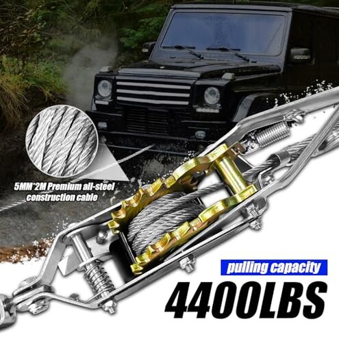 FITHOIST Come Along Winch Ratchet Tool 2 Ton Pulling Capacity 2 Hooks Steel Cable Dual Gear Power Puller with Two 1"x8FT Lifting Straps Hand Winch Cable Automotive Hoist Winch Puller Recovery Gear