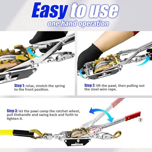 FITHOIST Come Along Winch Ratchet Tool 2 Ton Pulling Capacity 2 Hooks Steel Cable Dual Gear Power Puller with Two 1"x8FT Lifting Straps Hand Winch Cable Automotive Hoist Winch Puller Recovery Gear