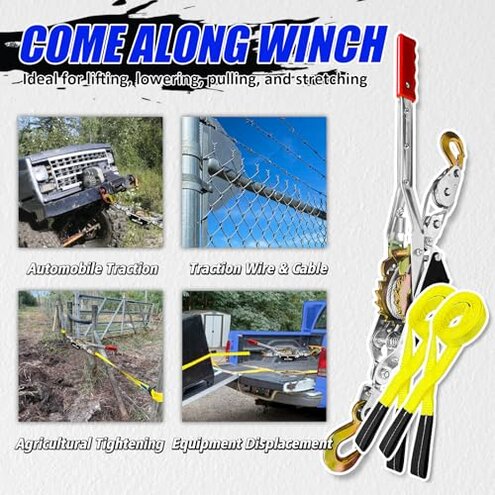 FITHOIST Come Along Winch Ratchet Tool 2 Ton Pulling Capacity 2 Hooks Steel Cable Dual Gear Power Puller with Two 1"x8FT Lifting Straps Hand Winch Cable Automotive Hoist Winch Puller Recovery Gear