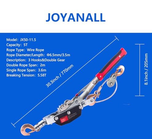 JOYANALL Portable Power Puller,5 Ton Capacity Come Along Winch with 11.5FT Steel Cable,Heavy Duty Come Along Tool with Dual Gears,3 Hooks,Hand Winch Tool