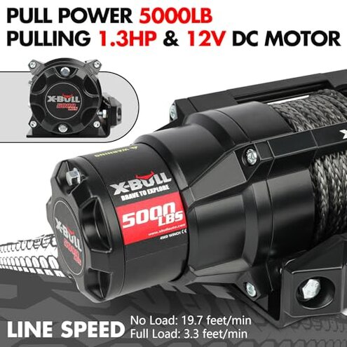 X-BULL 5000lbs Electric Winch - 12V DC Power Waterproof Synthetic Rope Winch with Hawse Fairlead, Wireless & Wired Remote with Mounting Plate for ATV/UTV,Boat Trailer Winch