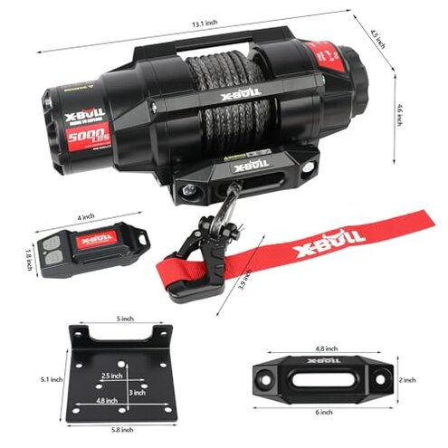 X-BULL 5000lbs Electric Winch - 12V DC Power Waterproof Synthetic Rope Winch with Hawse Fairlead, Wireless & Wired Remote with Mounting Plate for ATV/UTV,Boat Trailer Winch
