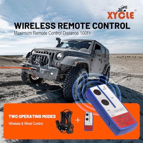 XYCLE13500LB Winch 12V Electric Winch with Synthetic Rope & Wireless Remote IP67 Waterproof Off-Road Recovery Winch for Truck Jeep ATV UTV, Heavy Duty Winch Kit with Hawse Fairlead(Red synthetic rope)