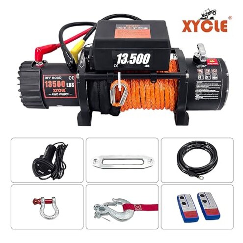 XYCLE13500LB Winch 12V Electric Winch with Synthetic Rope & Wireless Remote IP67 Waterproof Off-Road Recovery Winch for Truck Jeep ATV UTV, Heavy Duty Winch Kit with Hawse Fairlead(Red synthetic rope)