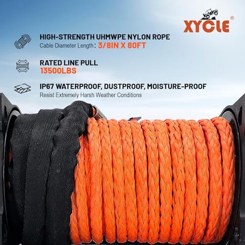 XYCLE13500LB Winch 12V Electric Winch with Synthetic Rope & Wireless Remote IP67 Waterproof Off-Road Recovery Winch for Truck Jeep ATV UTV, Heavy Duty Winch Kit with Hawse Fairlead(Red synthetic rope)