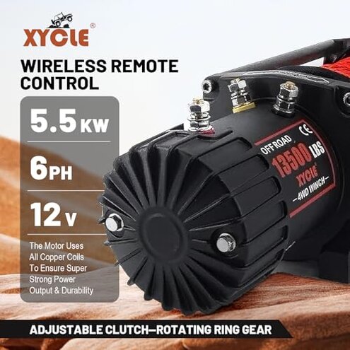 XYCLE13500LB Winch 12V Electric Winch with Synthetic Rope & Wireless Remote IP67 Waterproof Off-Road Recovery Winch for Truck Jeep ATV UTV, Heavy Duty Winch Kit with Hawse Fairlead(Red synthetic rope)