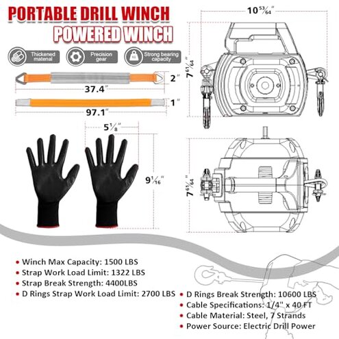 FITHOIST Portable Drill Winch, 1500LB Capacity Hand Winch with 40FT Steel Cable, 360&deg; Swivel Hook, Powered by Cordless Drill for ATV UTV Trailer Loading, Lawn Tractor Pulling, Heavy Lifting & Dragging