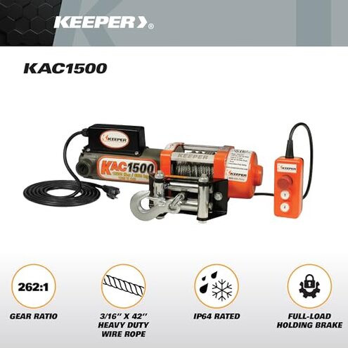 KEEPER Electric Winch 110/120V AC with Remote, Hand Held Control, 1500 lb. Capacity, AC Power, ATV, Truck, SUVs, Large Vehicles, Trailer Winch