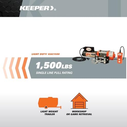 KEEPER Electric Winch 110/120V AC with Remote, Hand Held Control, 1500 lb. Capacity, AC Power, ATV, Truck, SUVs, Large Vehicles, Trailer Winch