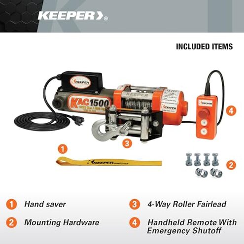 KEEPER Electric Winch 110/120V AC with Remote, Hand Held Control, 1500 lb. Capacity, AC Power, ATV, Truck, SUVs, Large Vehicles, Trailer Winch