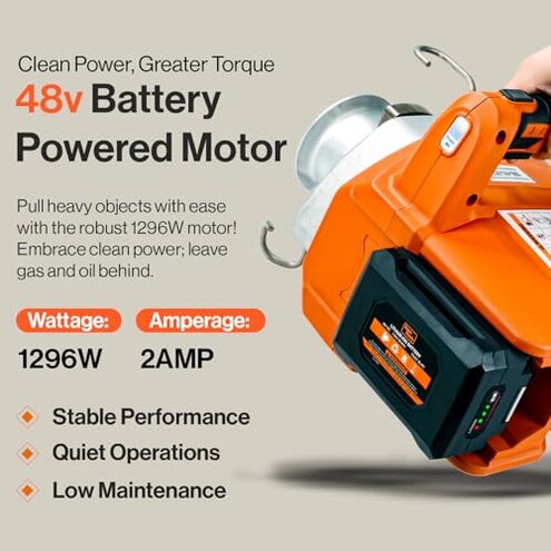 SuperHandy Electric Portable Capstan Winch, Brushless Motor, 1000-2000 lbs Max Pulling Force, Includes 100ft Low-Stretch Rope, Battery & Charger - Ideal for Forestry, Hunting, Off-Road