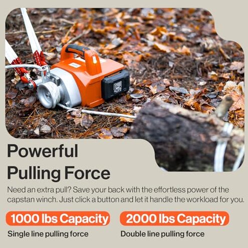 SuperHandy Electric Portable Capstan Winch, Brushless Motor, 1000-2000 lbs Max Pulling Force, Includes 100ft Low-Stretch Rope, Battery & Charger - Ideal for Forestry, Hunting, Off-Road