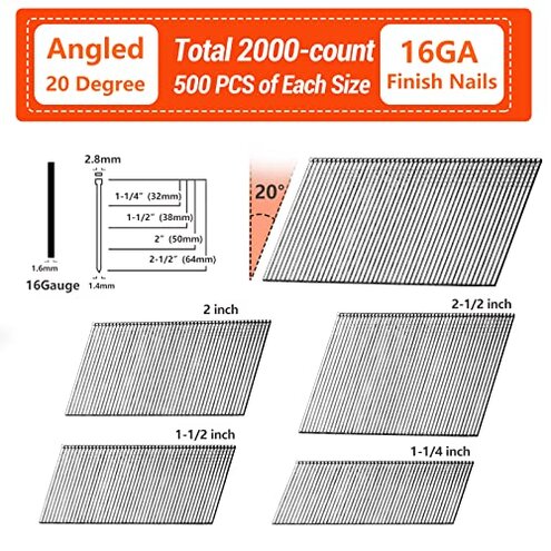 SITLDY 16 Gauge Angled Finish Nails, 20-Degree, 2000-Pack (2-1/2", 2", 1-1/2", 1-1/4" 500 Per Sizes), Galvanized Assorted Size Project Pack, for Pneumatic, Electric Angled Finish Nailer