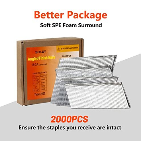 SITLDY 16 Gauge Angled Finish Nails, 20-Degree, 2000-Pack (2-1/2", 2", 1-1/2", 1-1/4" 500 Per Sizes), Galvanized Assorted Size Project Pack, for Pneumatic, Electric Angled Finish Nailer