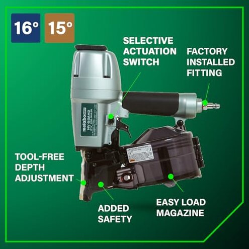 Metabo HPT Coil Siding Nailer, Siding Nails 1-1/2 inch To 2-1/2 inch, Side load, Tilt Bottom Magazine (NV65AH2)