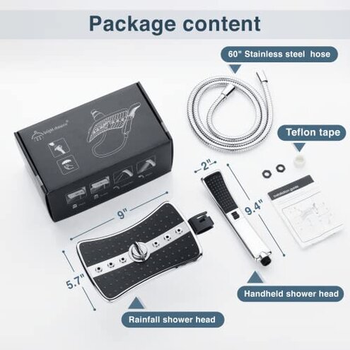 BRIGHT SHOWERS High Pressure Dual Shower Head Combo, Handheld Showerhead Rainfall Shower Head Combo with Black Face, 60 Inch Long Stainless Steel Shower Hose, Chrome