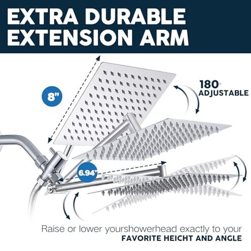 Shower Head,8&rdquo;Rain Shower Head with Handheld Spray Combo with 11'' Angle Adjustable Extension Arm/Flow Regulator/Shower System,High Pressure Rainfall Shower Head Bathroom,Chrome