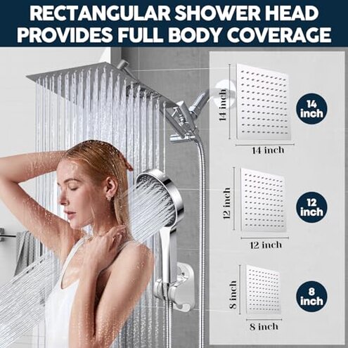 Shower Head,8&rdquo;Rain Shower Head with Handheld Spray Combo with 11'' Angle Adjustable Extension Arm/Flow Regulator/Shower System,High Pressure Rainfall Shower Head Bathroom,Chrome