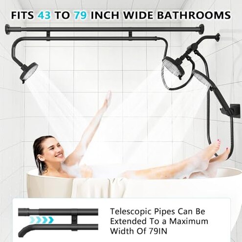 DEVA FRONSA Dual Shower Head for Couples, Double Shower System for Two People, 6+3 Adjustable Spray Modes-High Pressure Tandem Showerhead with 31.5~80.7" Extendable Rod / 78.7" Long Hose, Easy Install