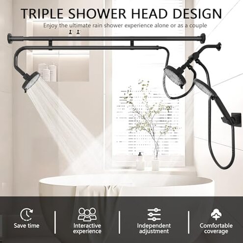 DEVA FRONSA Dual Shower Head for Couples, Double Shower System for Two People, 6+3 Adjustable Spray Modes-High Pressure Tandem Showerhead with 31.5~80.7" Extendable Rod / 78.7" Long Hose, Easy Install