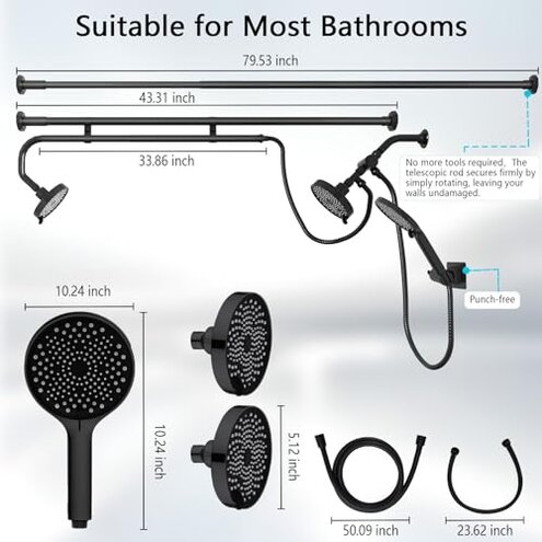 DEVA FRONSA Dual Shower Head for Couples, Double Shower System for Two People, 6+3 Adjustable Spray Modes-High Pressure Tandem Showerhead with 31.5~80.7" Extendable Rod / 78.7" Long Hose, Easy Install