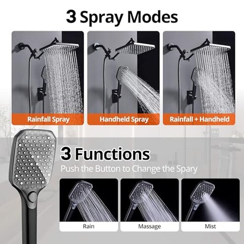 Glam Diamond 12.2" Rain Shower Head with Handheld Spray Combo, High Pressure Rainfall Shower Head, Height Adjustable Dual Shower Head, Luxury Waterfall Showerhead Bathroom, Mirror Shower